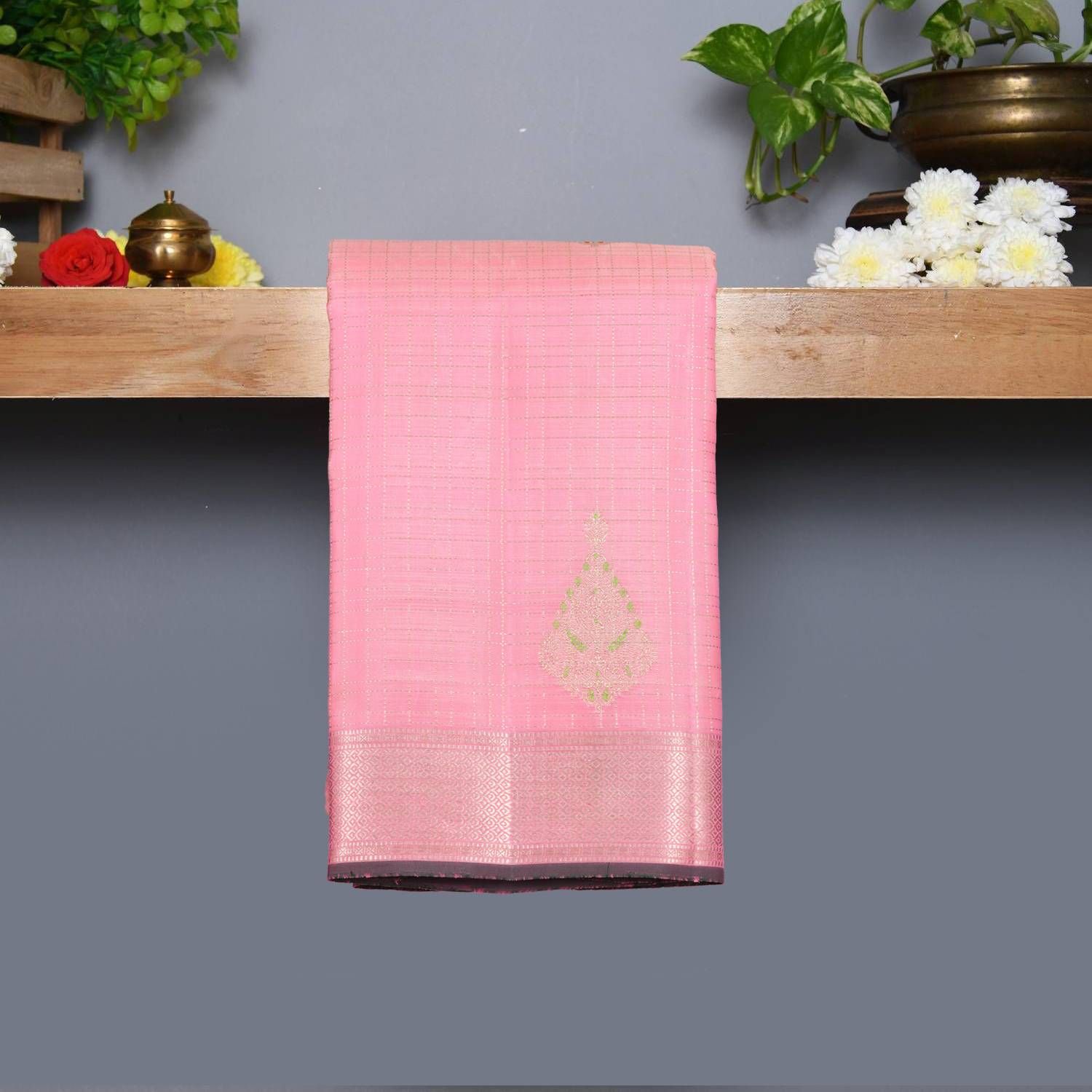 Baby Pink Kanchipuram Silk Bridal Saree with Floral Design
