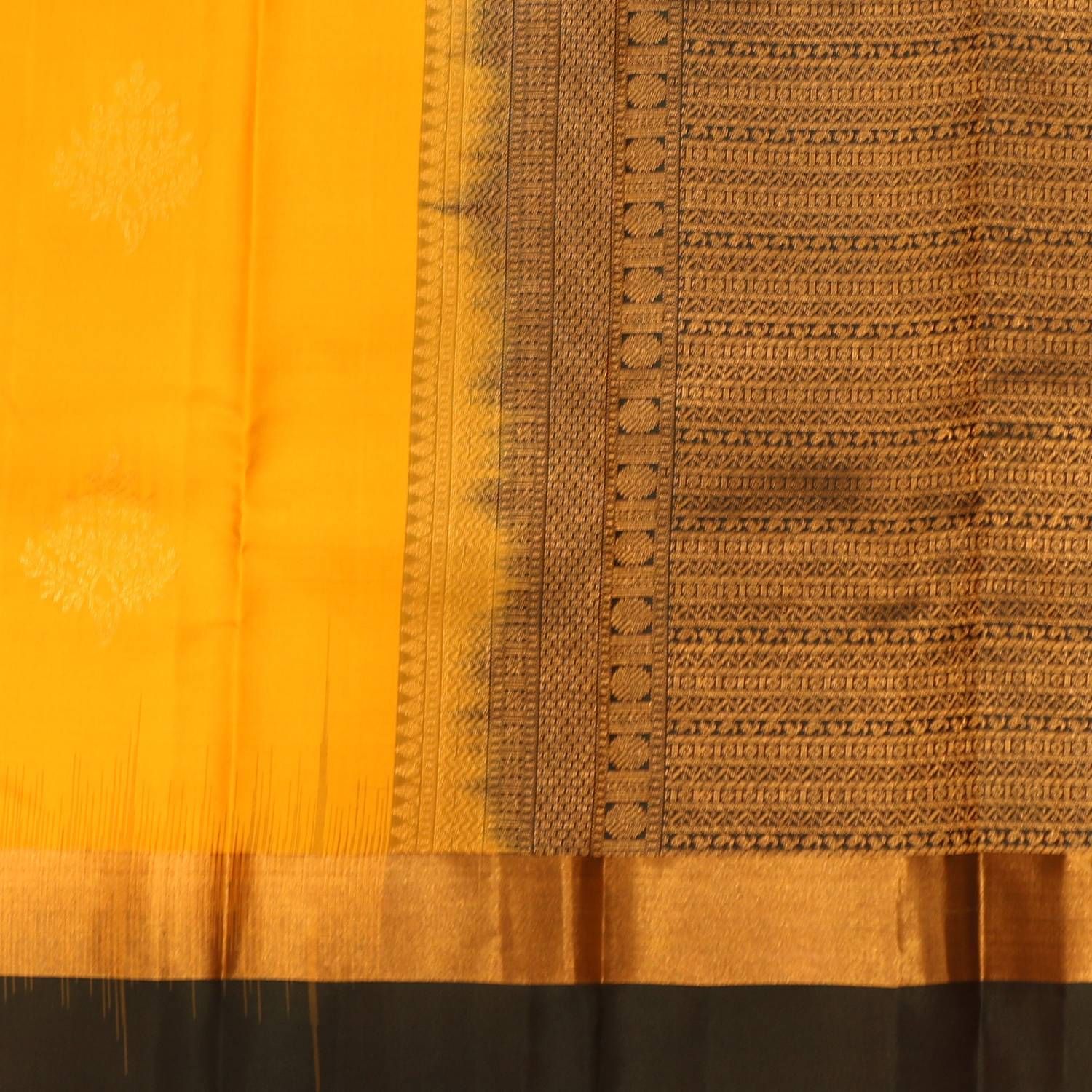 Borderless mango yellow soft silk saree with embellished buttas, contrast  pallu of intricate designs