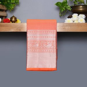 Orange Coloured Kanchipuram Silk Saree with Silver Zari Pallu.