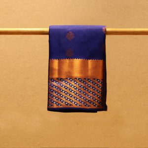 Royal Blue Coloured Kanchipuram Silk Saree with Contrast Onion Peach Colour Pallu.