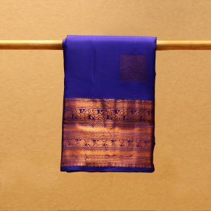 Ink Blue Coloured Kanchipuram Silk Saree with Contrast Red Colour Blouse.